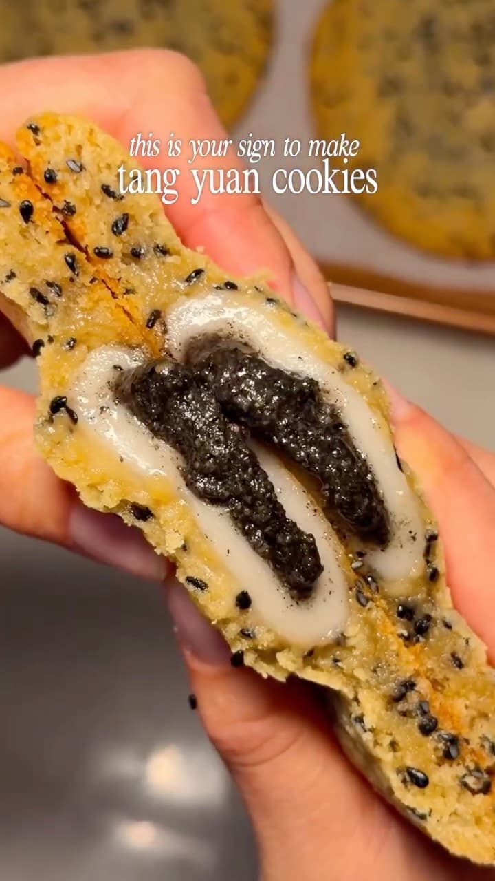 Black sesame tang yuan cookies with sesame seed topping